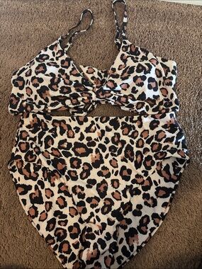 Leopard Print High-Waist Bikini Set - Cream & Brown
